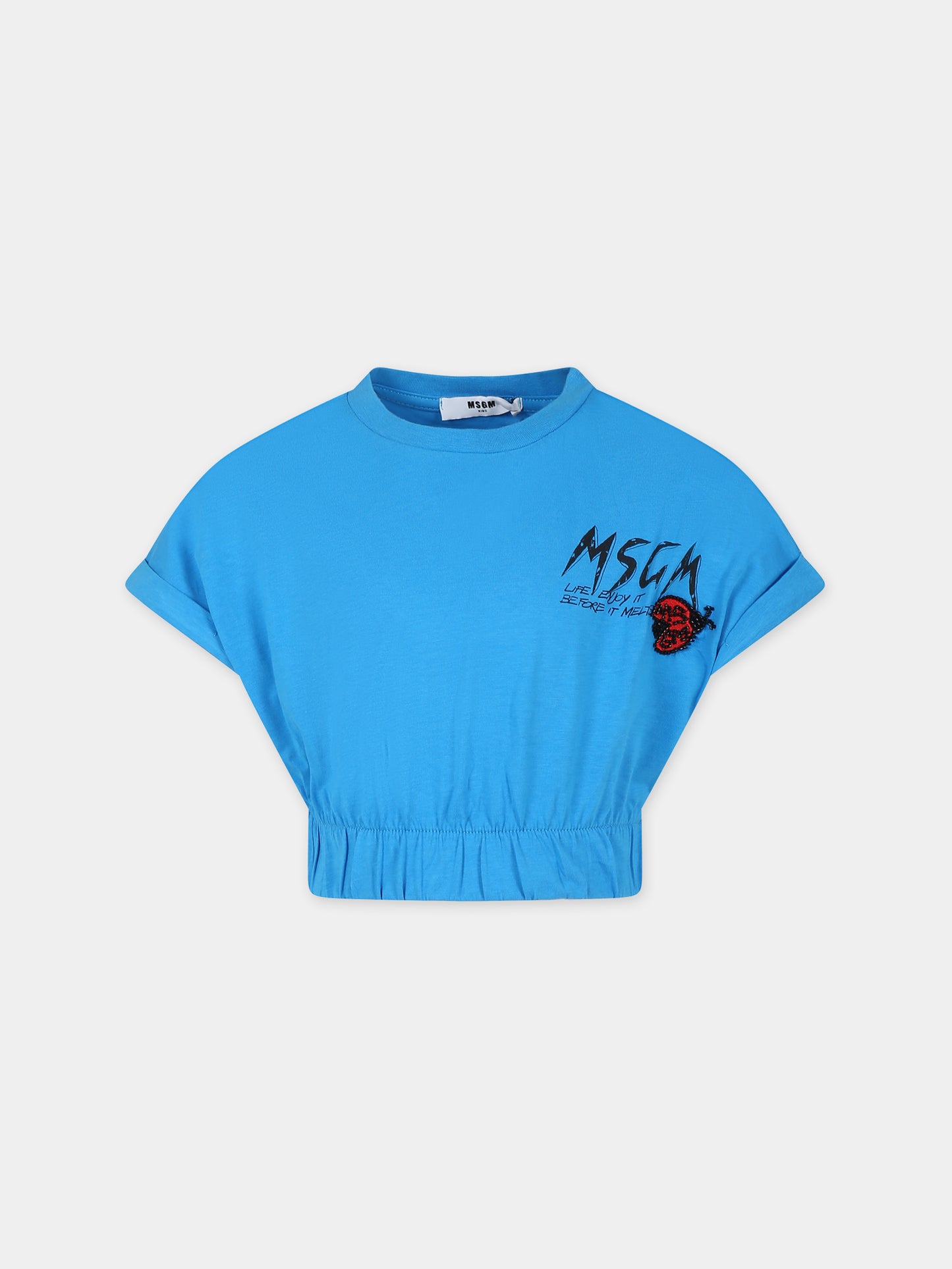 T-shirt crop azzurra per bambina con logo e coccinella,Msgm Kids,MS029392 120