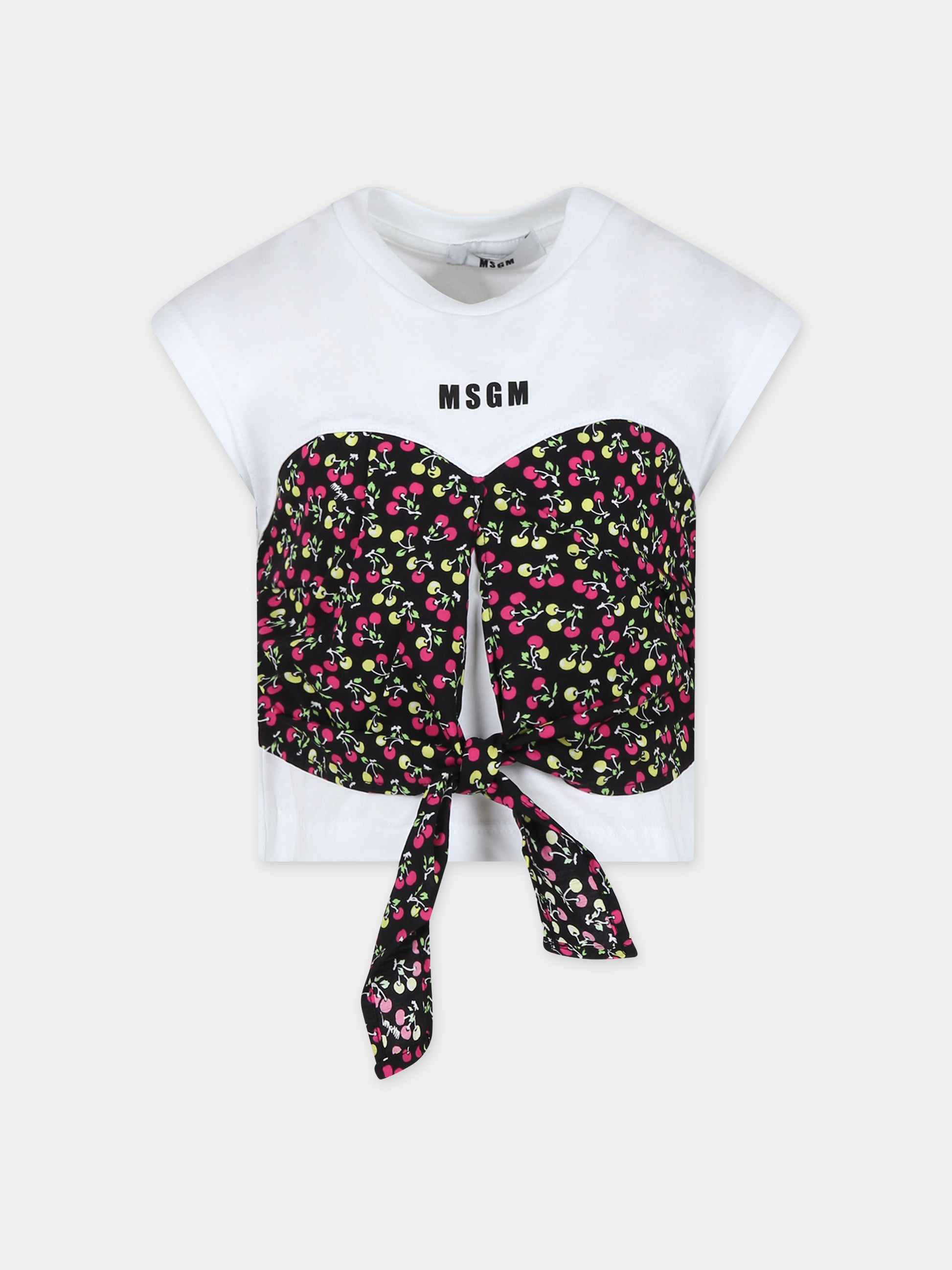 T-shirt crop bianca per bambina con stampa ciliegie,Msgm Kids,MS029436 001