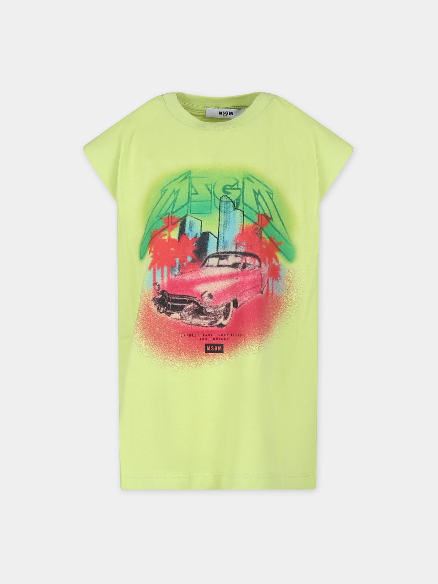 T-shirt verde per bambina con stampa macchina,Msgm Kids,MS029481 086