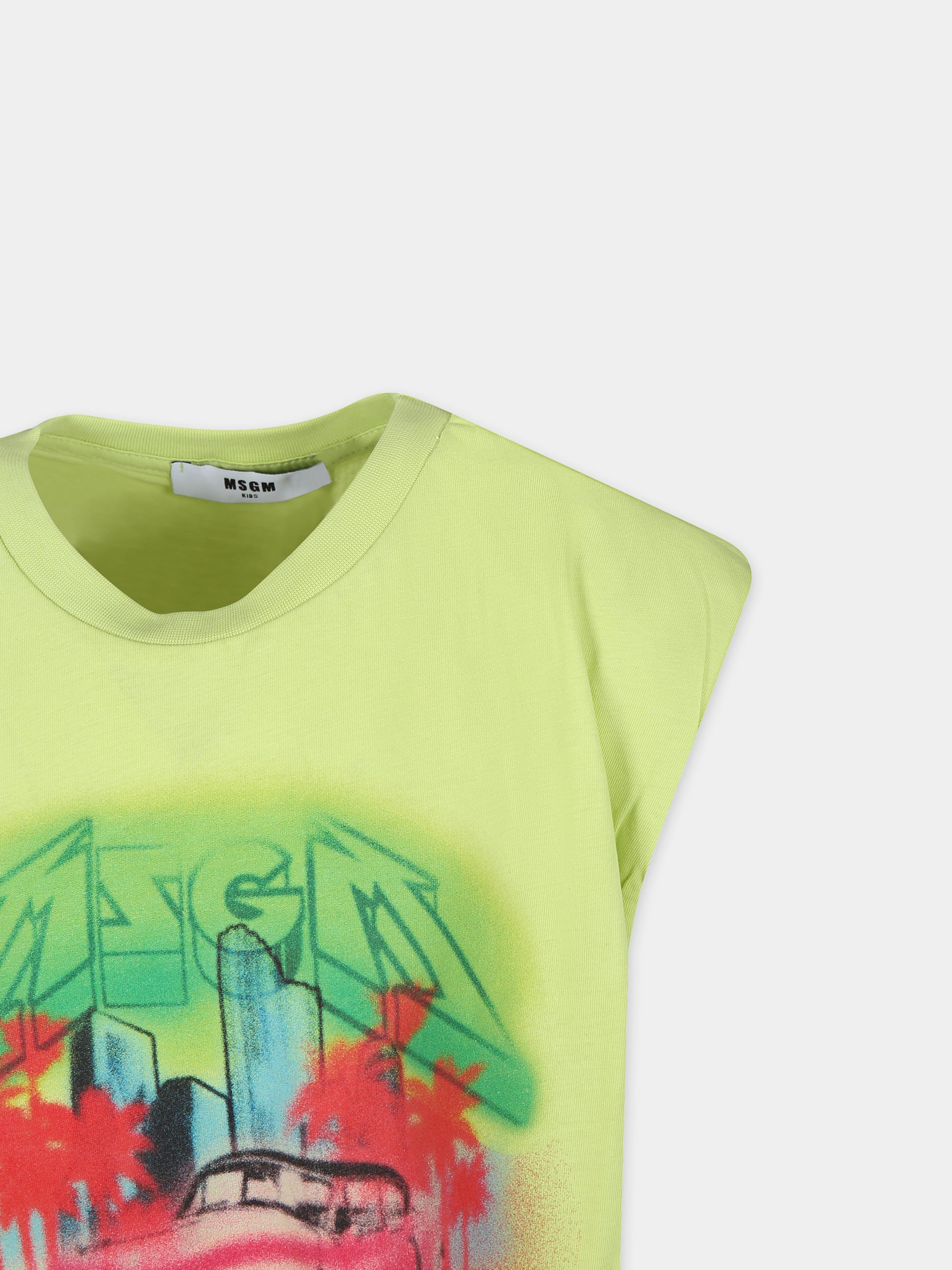 T-shirt verde per bambina con stampa macchina,Msgm Kids,MS029481 086