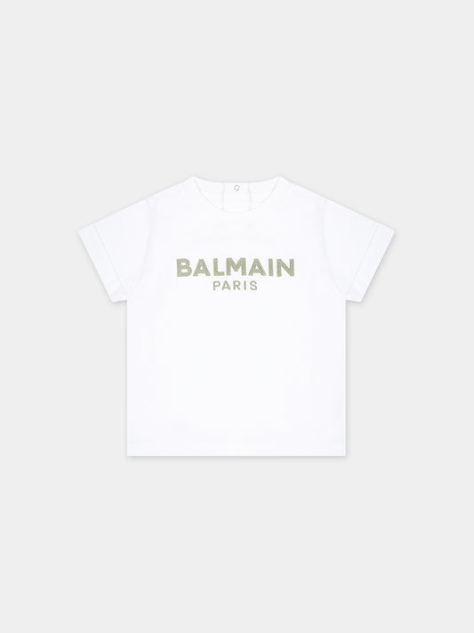 T-shirt bianca per neonati con logo ricamato,Balmain Kids,BT8531 Z0082 100