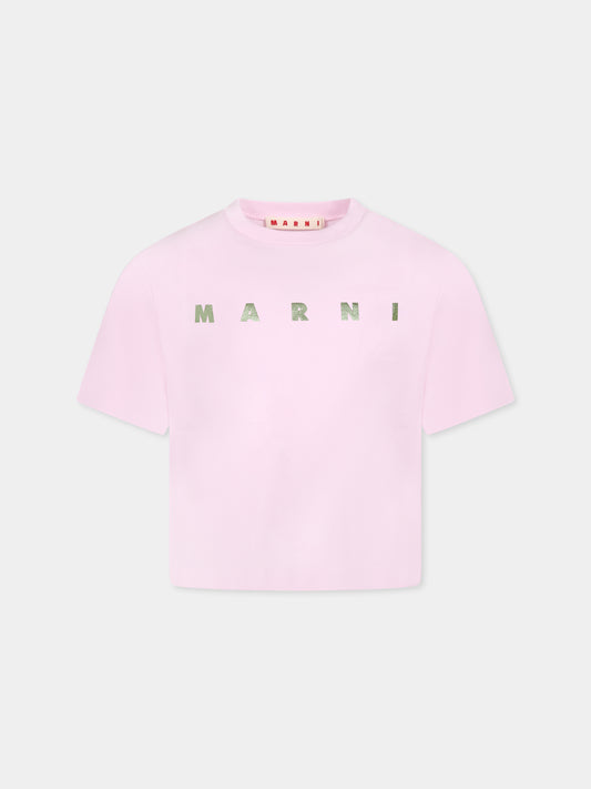 T-shirt rosa crop per bambina con logo verde metallizzato,Marni Kids,M01317 M00HZ MT256F 0M347