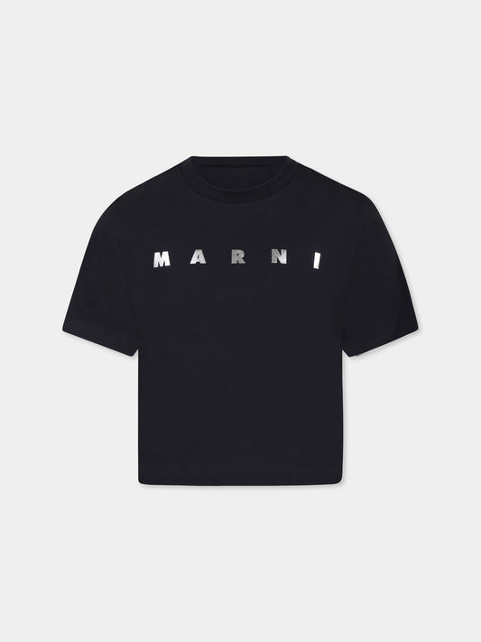 T-shirt blu crop per bambina con logo argentato metallizzato,Marni Kids,M01317 M00HZ MT256F 0M803