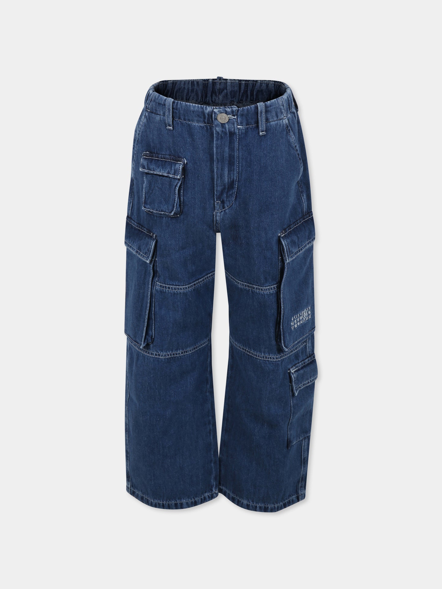 Jeans cargo blu per bambini con logo bianco ricamato,Mm6 Maison Margiela,M60793 MM04S MM6P177U M601