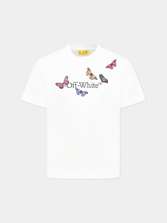 T-shirt bianca per bambina con logo e farfalle,Off White,OGAA001S25JER0030110