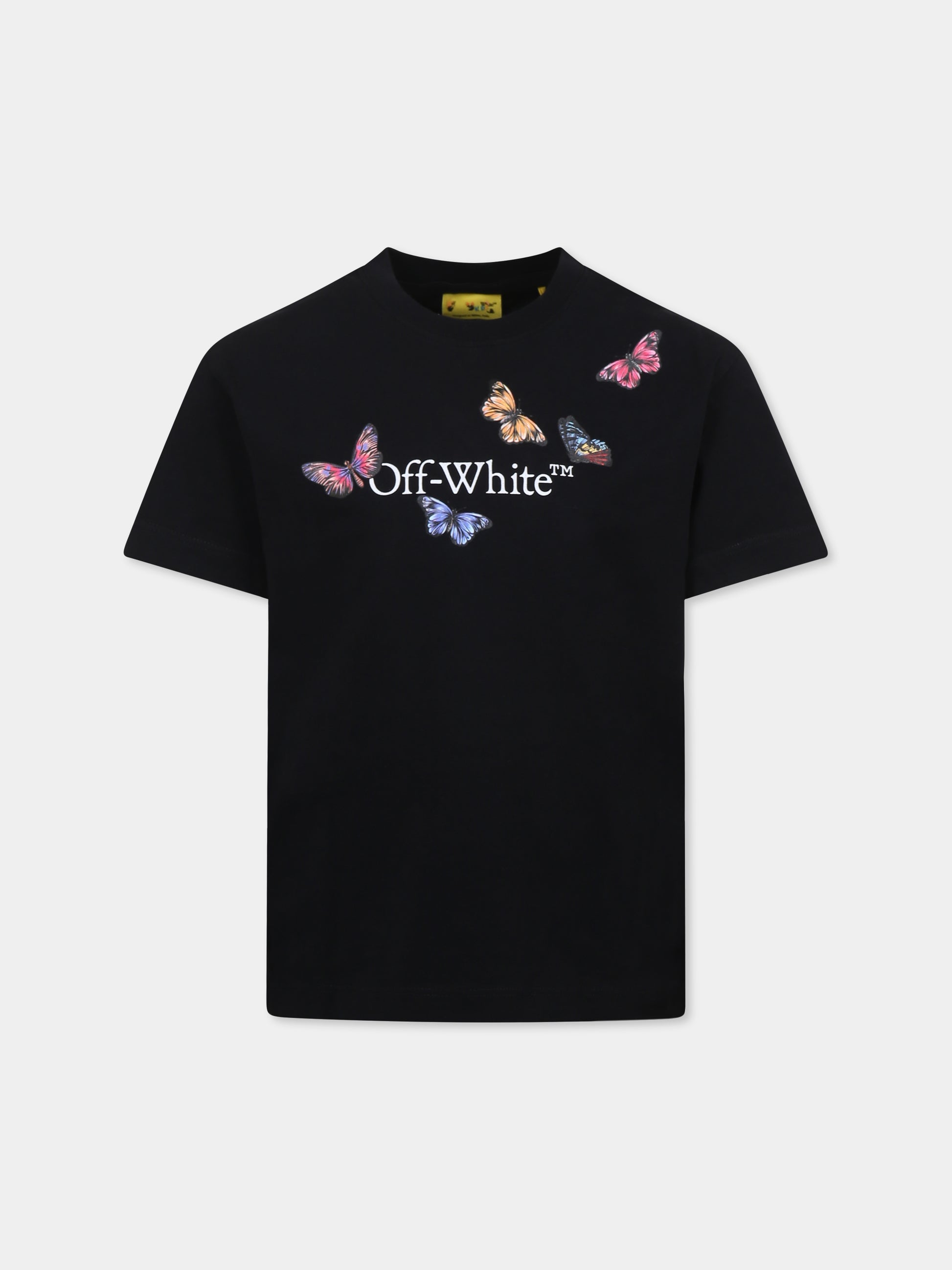 T-shirt nera per bambina con logo e farfalle,Off White,OGAA001S25JER0031001