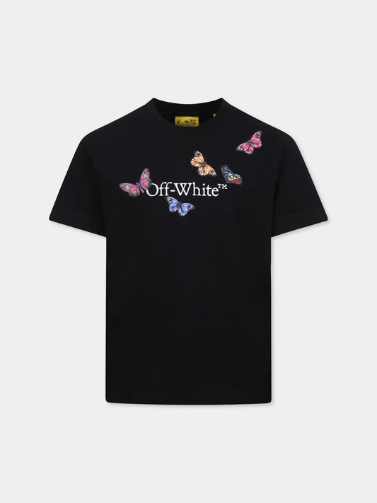 T-shirt nera per bambina con logo e farfalle,Off White,OGAA001S25JER0031001