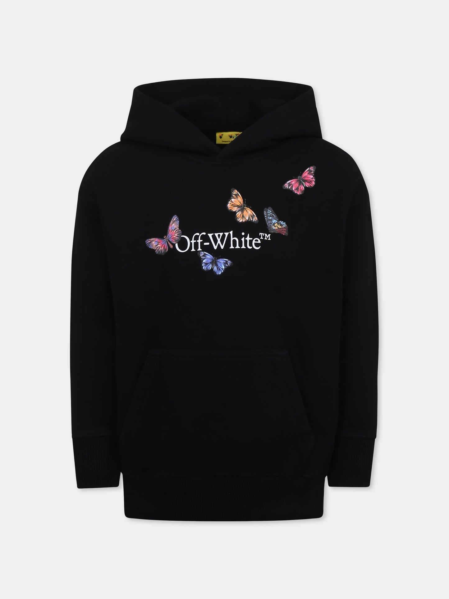 Felpa nera per bambina con logo e farfalle,Off White,OGBB002S25FLE0011001