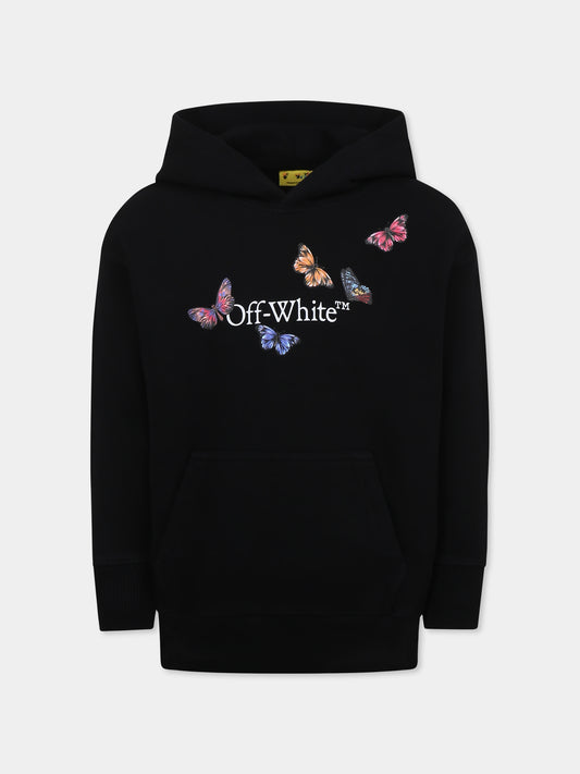 Felpa nera per bambina con logo e farfalle,Off White,OGBB002S25FLE0011001