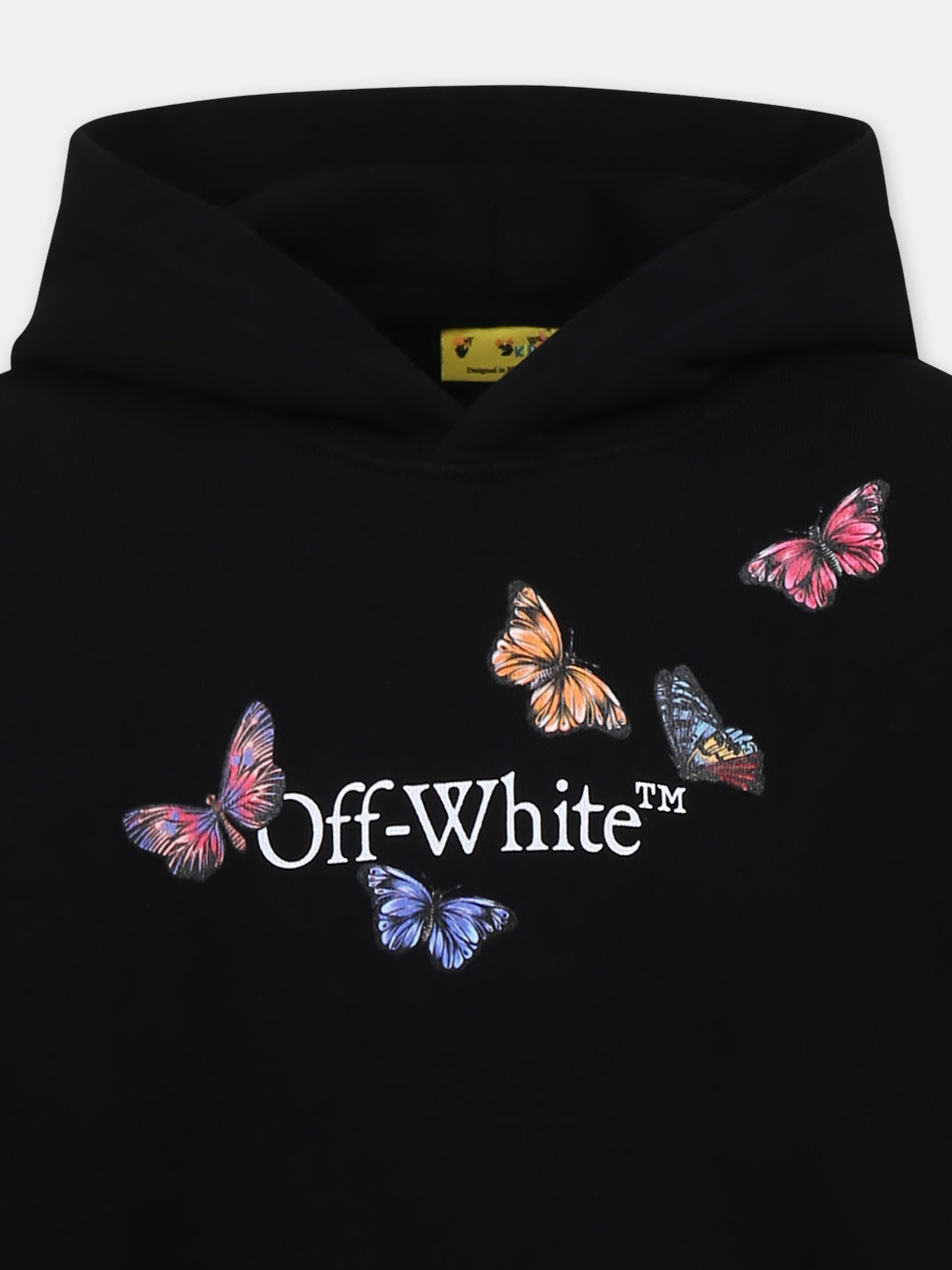 Felpa nera per bambina con logo e farfalle,Off White,OGBB002S25FLE0011001