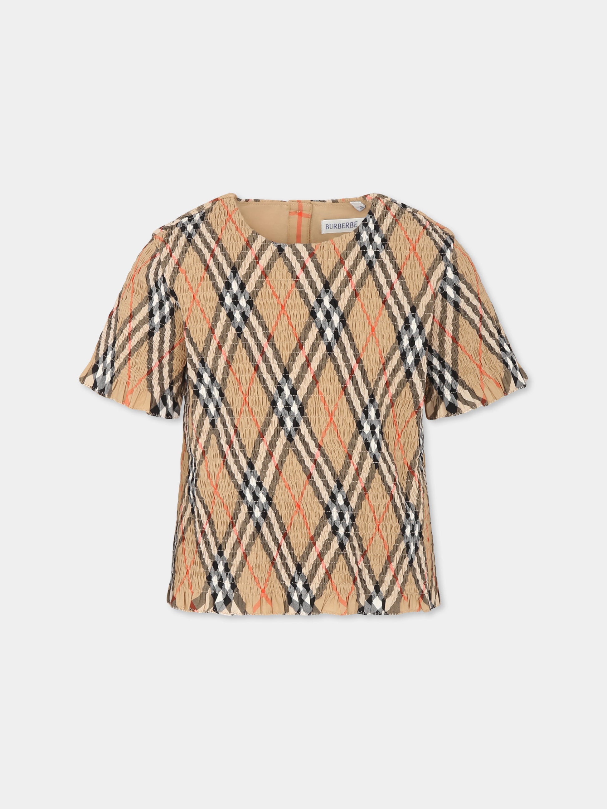 Top beige per bambina con check vintage,Burberry Kids,8100073 B9368