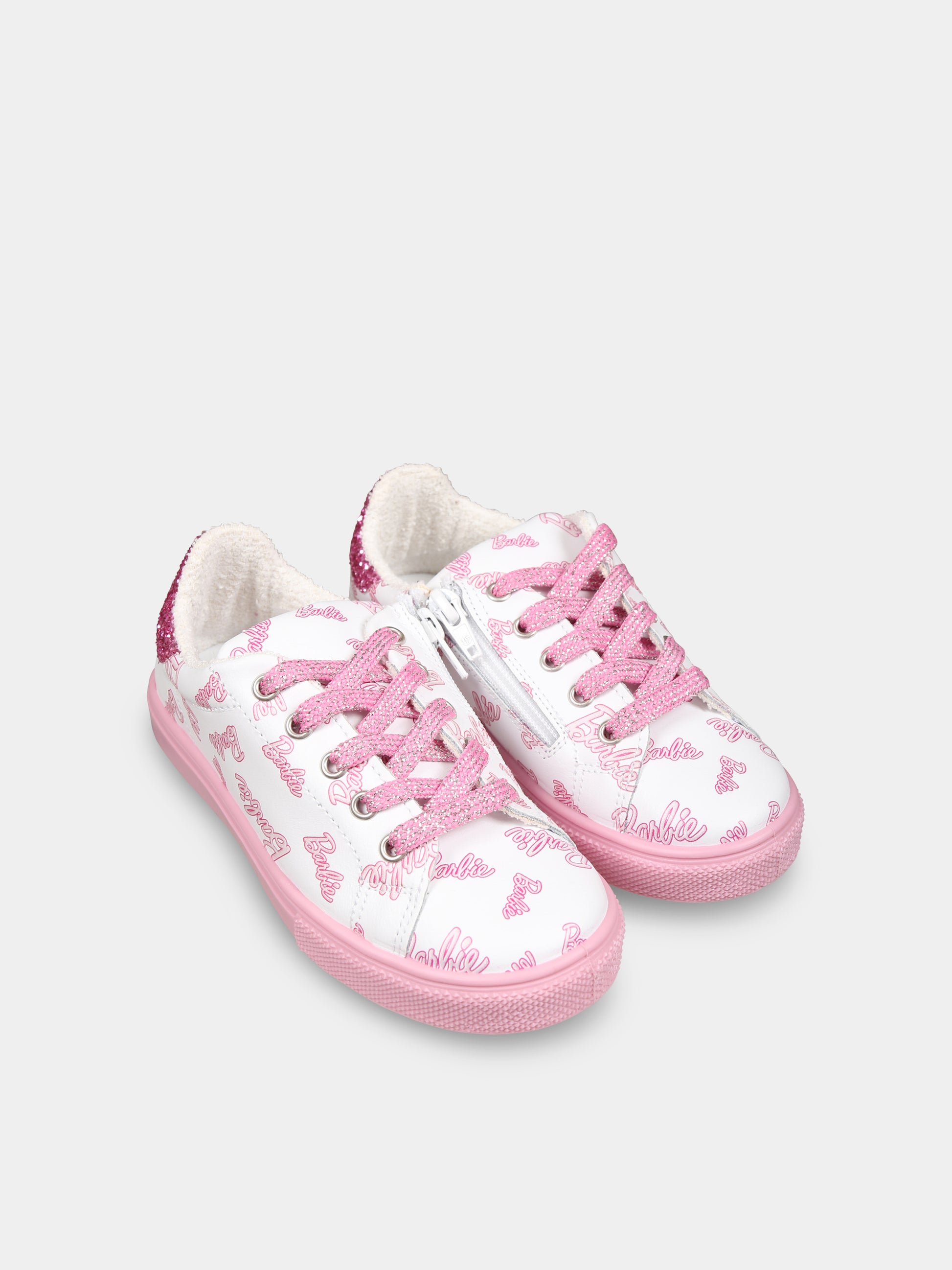 Sneakers bianche per bambina con scritta Barbie all over,Monnalisa,8CD020 4F34 0193
