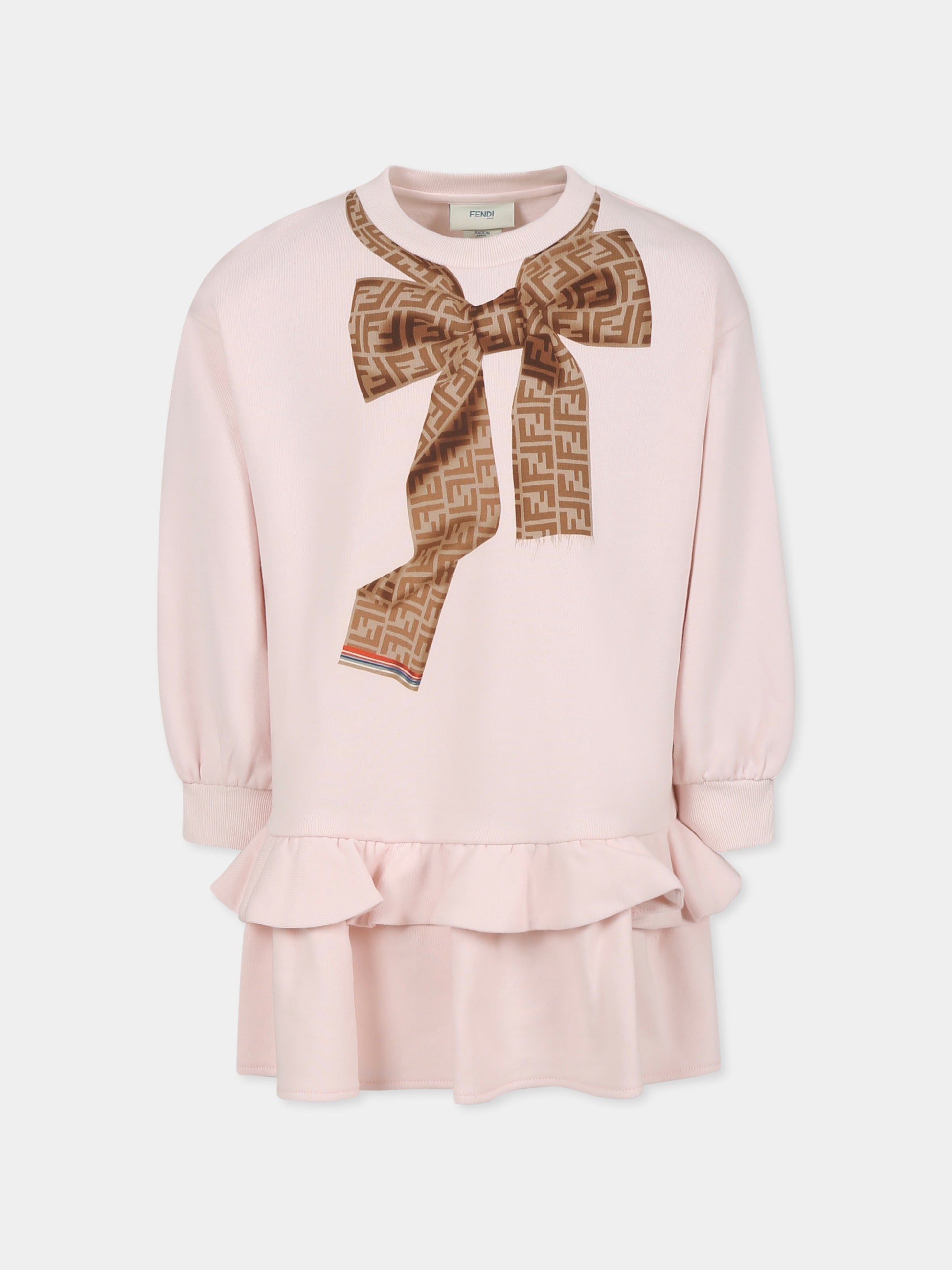 Vestito rosa per bambina con fiocco e iconica FF,Fendi Kids,JFB732 5V0 F1QYC