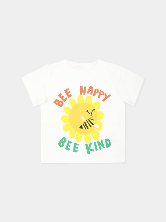 T-shirt avorio per neonati con stampa ape e scritta,Stella Mccartney Kids,TU8071 Z0434 101