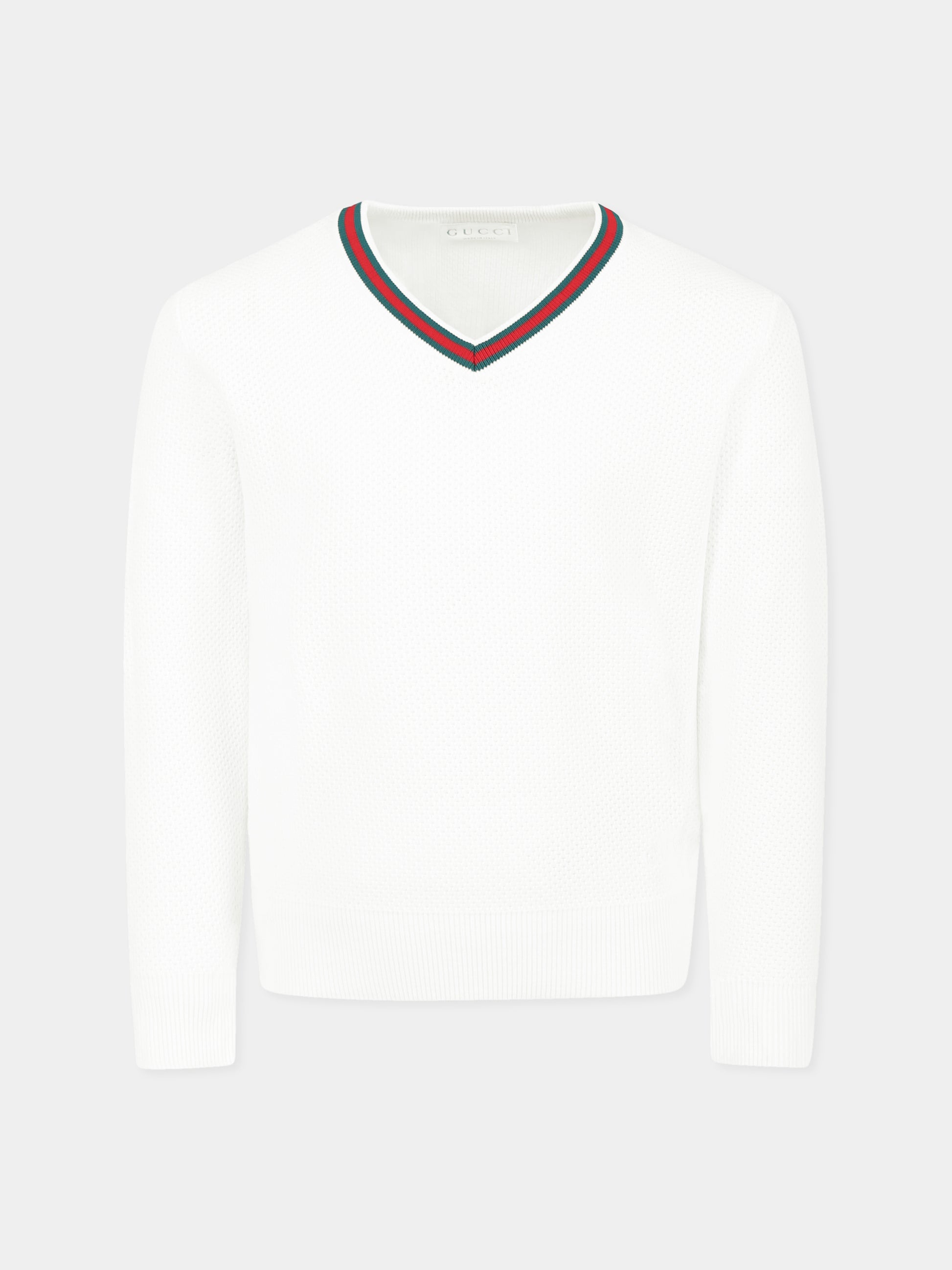Maglione bianco per bambino con dettaglio Web,Gucci Kids,807873 XKEIS 9060