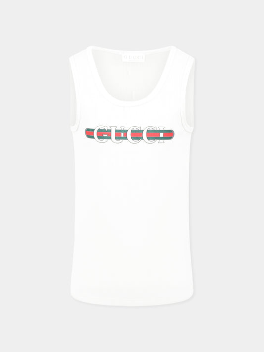 Canotta bianca per bambini con logo,Gucci Kids,808717 XJG0X 9214