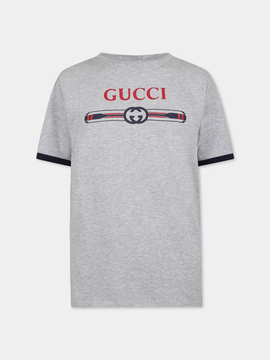 T-shirt grigia per bambino con logo Gucci e remi,Gucci Kids,820889 XJGY3 1151