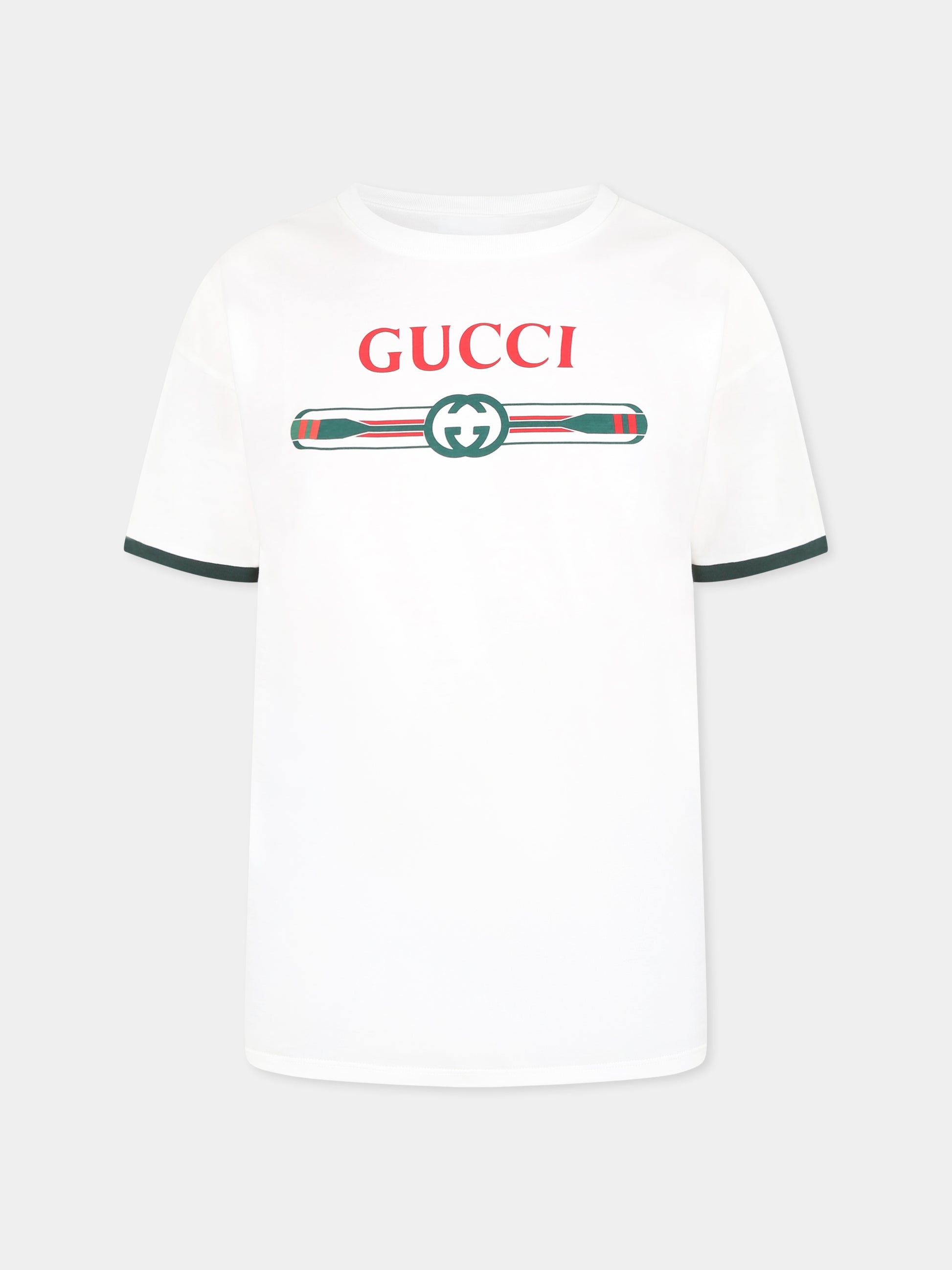 T-shirt bianca per bambino con logo Gucci e remi,Gucci Kids,820889 XJGY3 9214