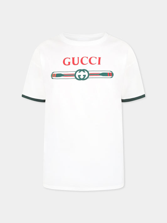 T-shirt bianca per bambino con logo Gucci e remi,Gucci Kids,820889 XJGY3 9214