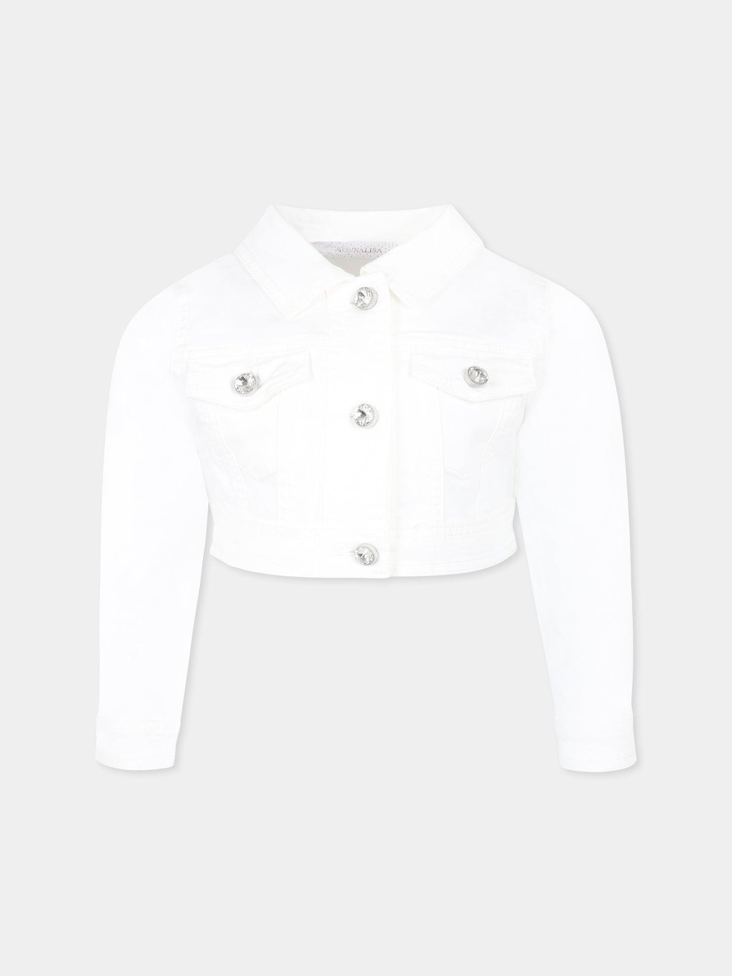 Giubbotto di jeans crop bianco per bambina con cristalli,Monnalisa,79E101 5021 0001