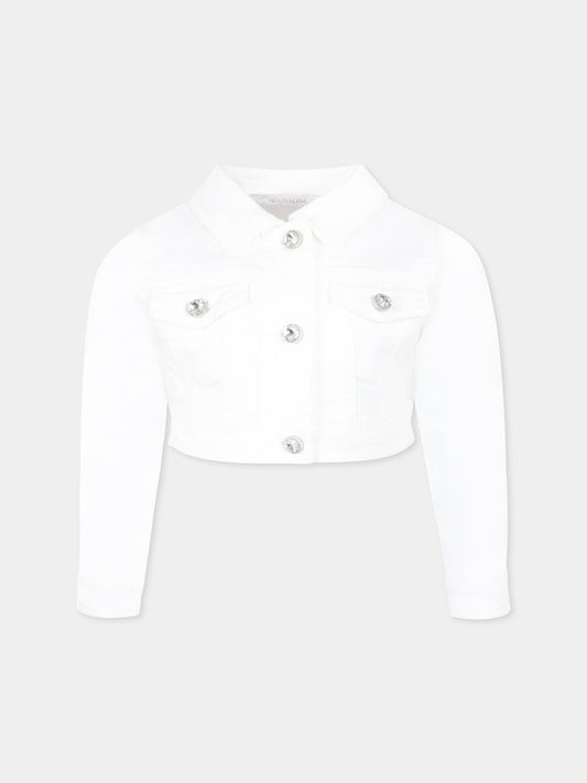 Giubbotto di jeans crop bianco per bambina con cristalli,Monnalisa,79E101 5021 0001