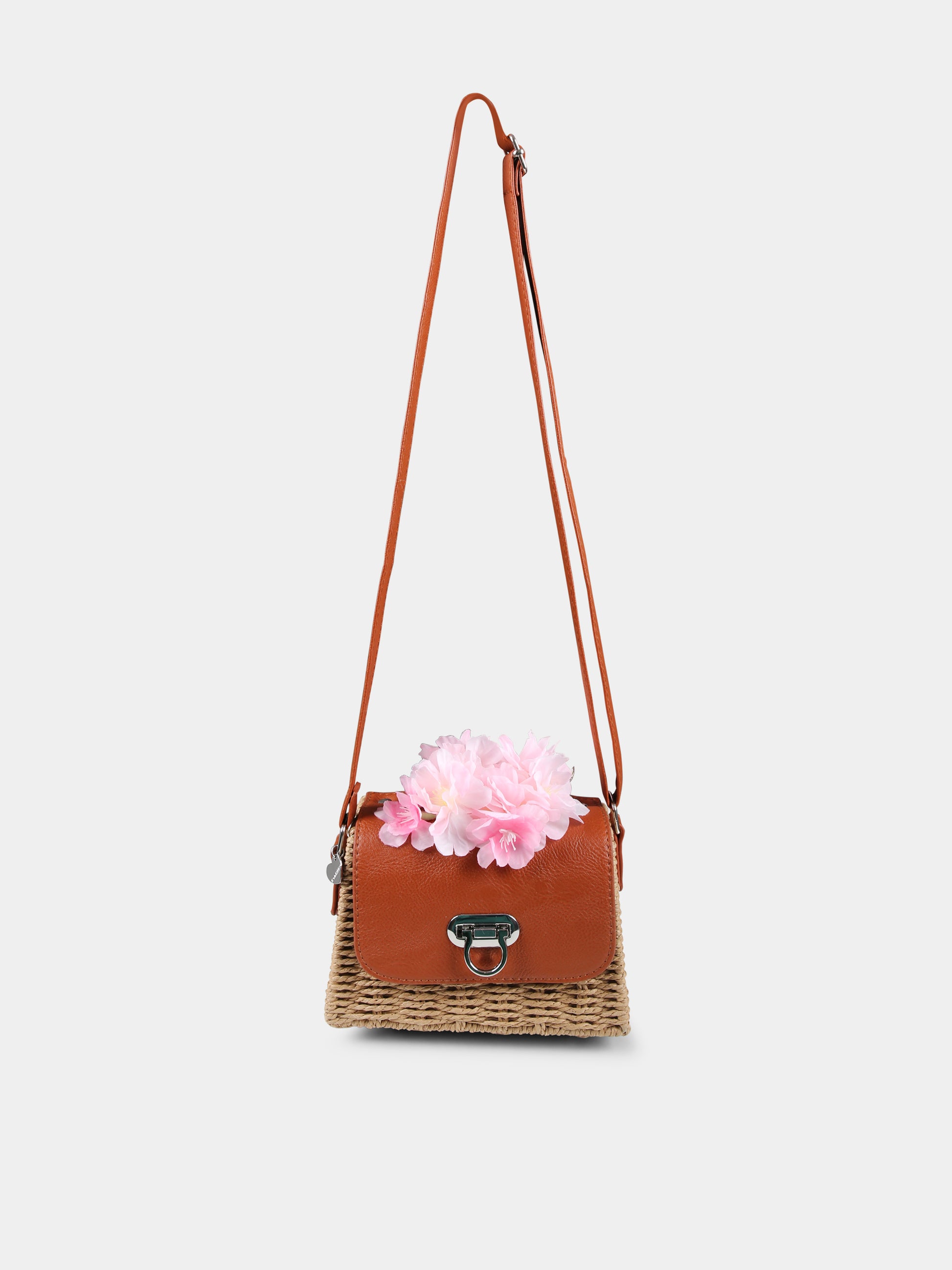 Borsa marrone per bambina con fiori di pesco,Monnalisa,19E000 5082 0003