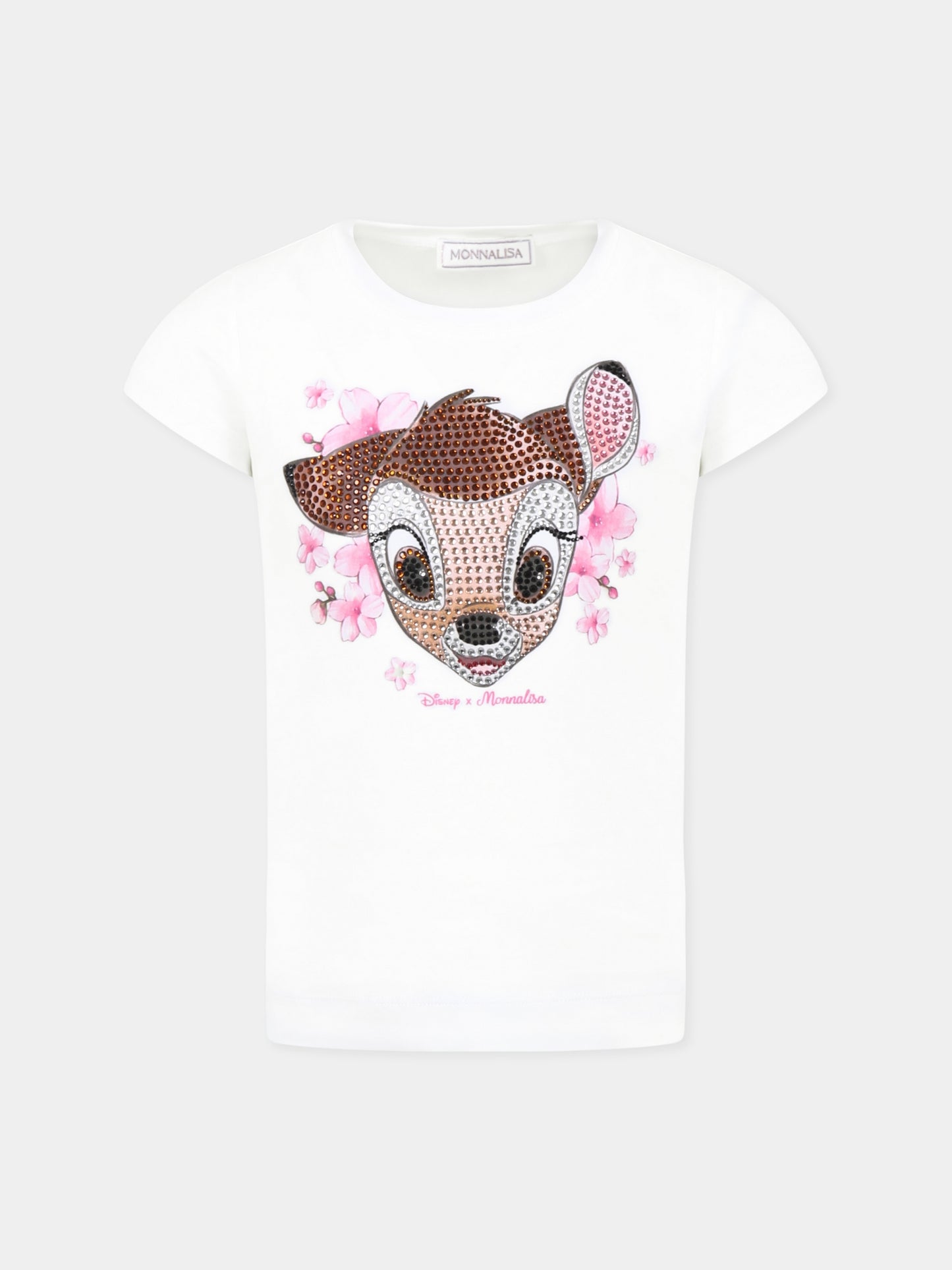 T-shirt bianca per bambina con Bambi e strass,Monnalisa,19E607 5001 0099