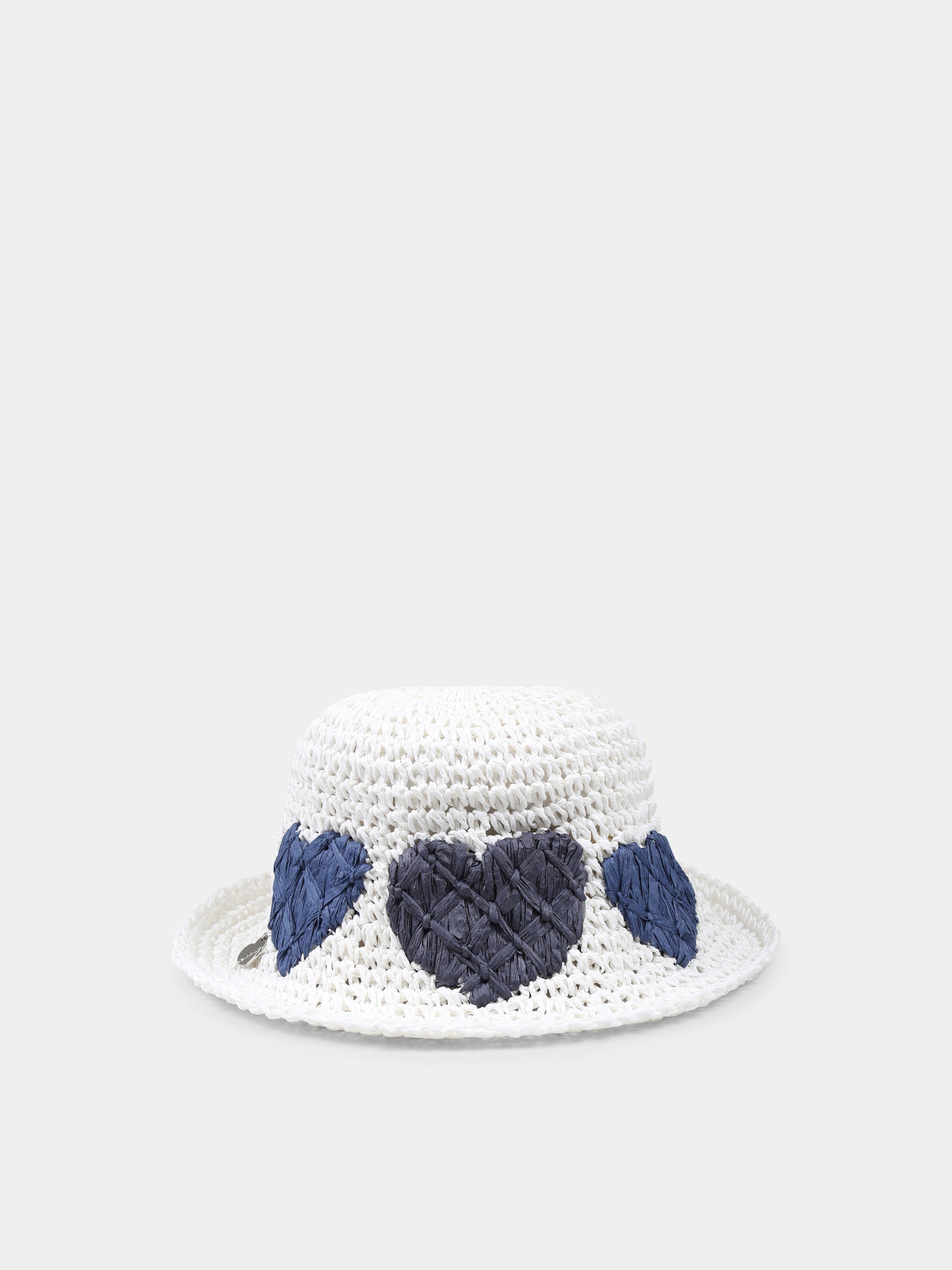 Cappello di paglia bianco per bambina con cuori,Monnalisa,19E071 5097 9956