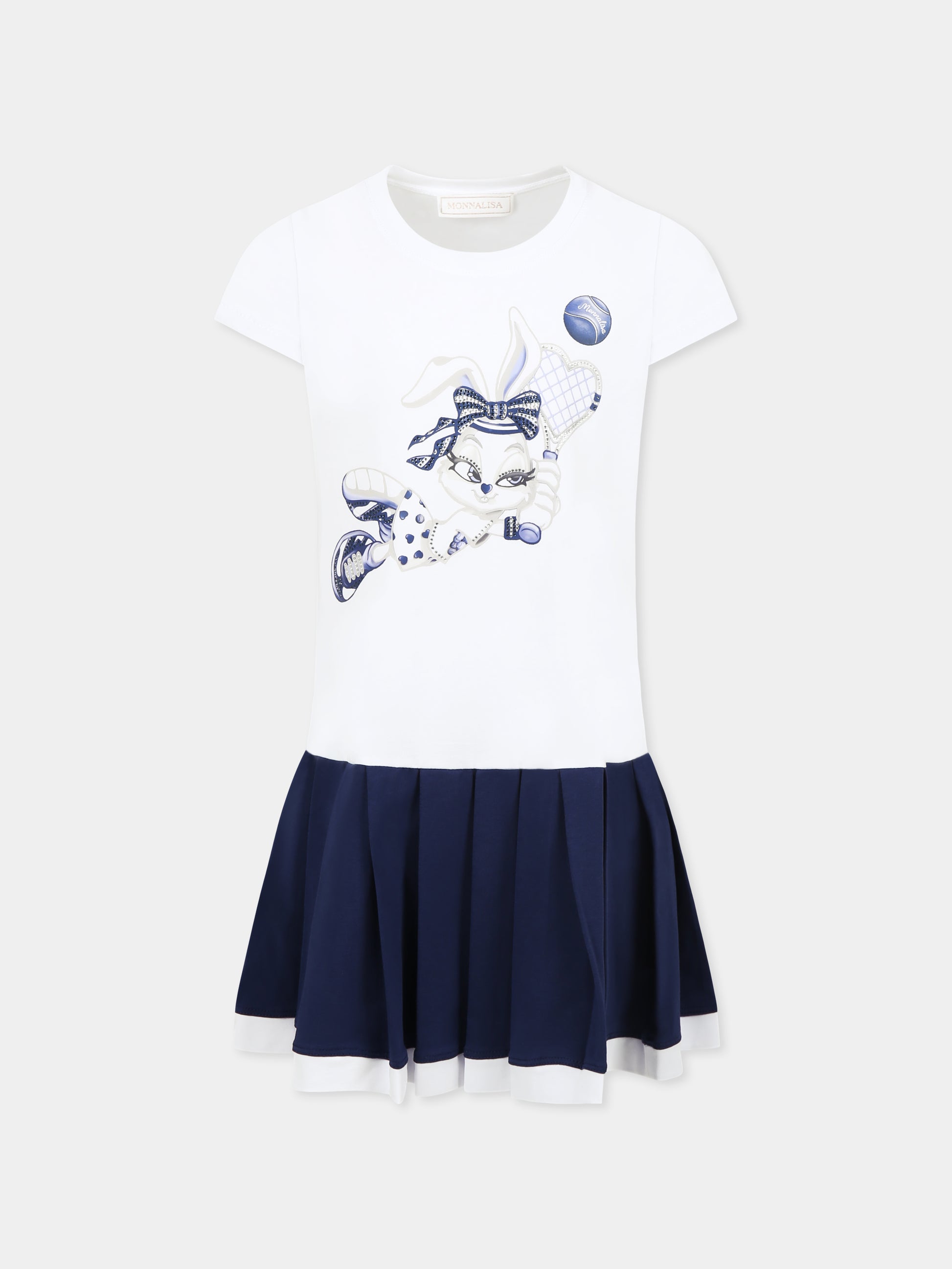 Vestito bianco per bambina con coniglietta e strass,Monnalisa,19E916 5014 9956