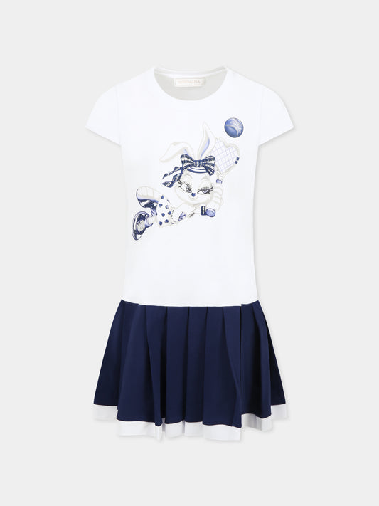 Vestito bianco per bambina con coniglietta e strass,Monnalisa,19E916 5014 9956