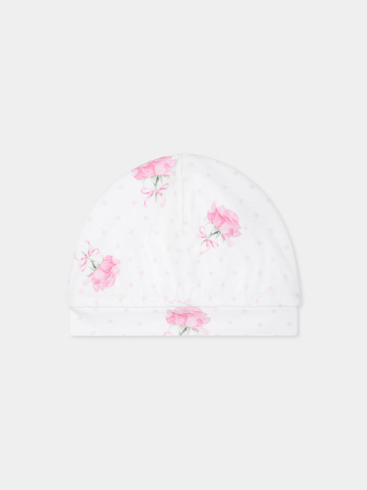 Cappello bianco per neonata con pois e rosa,Monnalisa,35E005 5007 9990