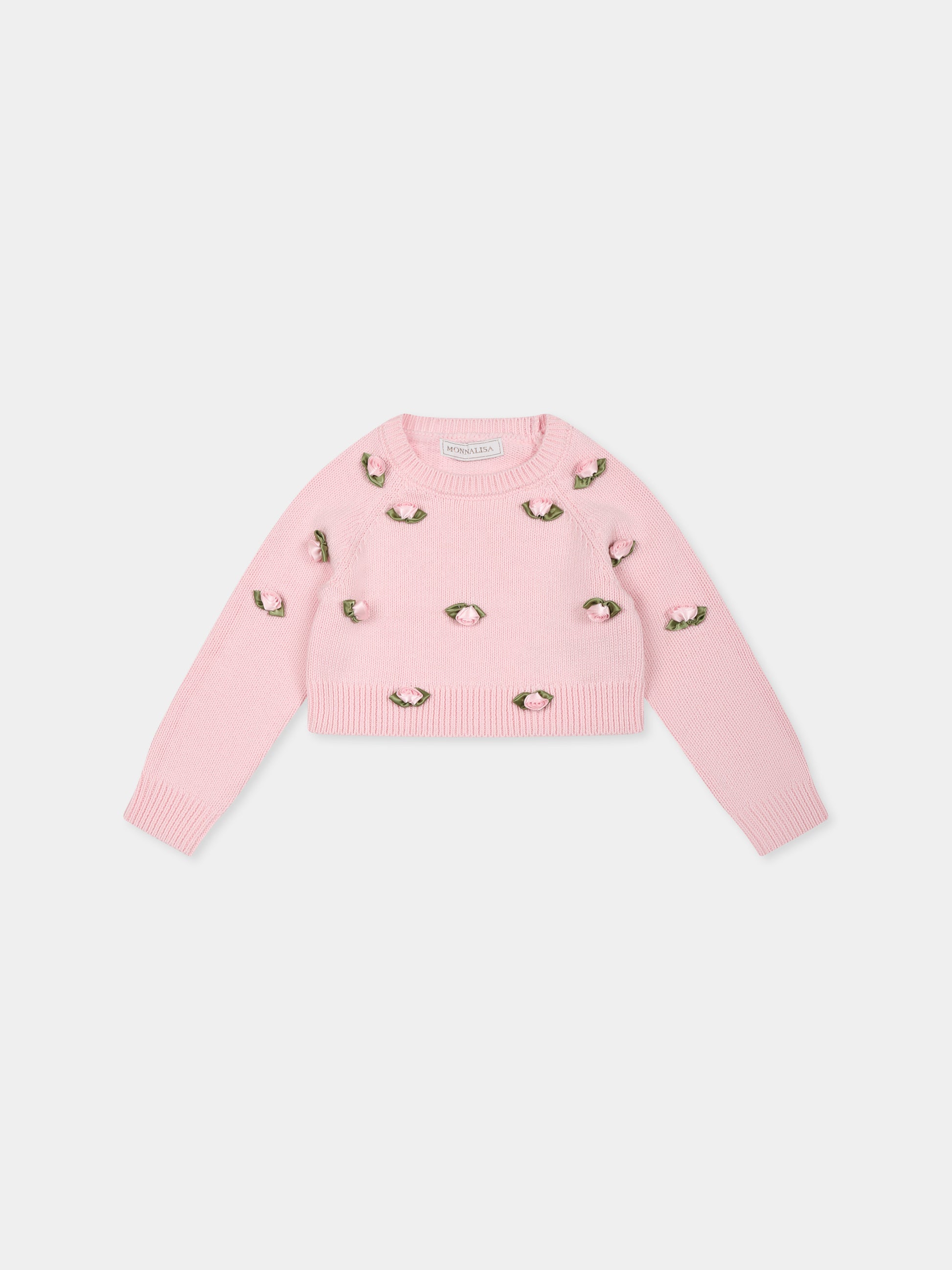 Maglione rosa per neonata con roselline,Monnalisa,39E606 5061 0090