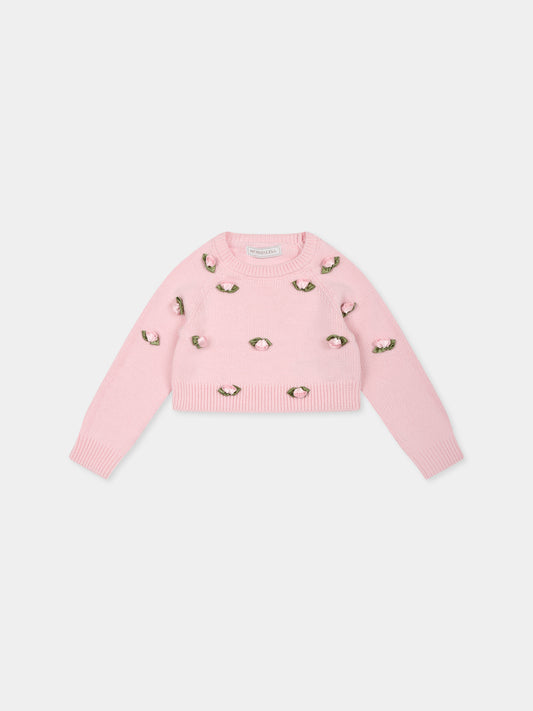 Maglione rosa per neonata con roselline,Monnalisa,39E606 5061 0090