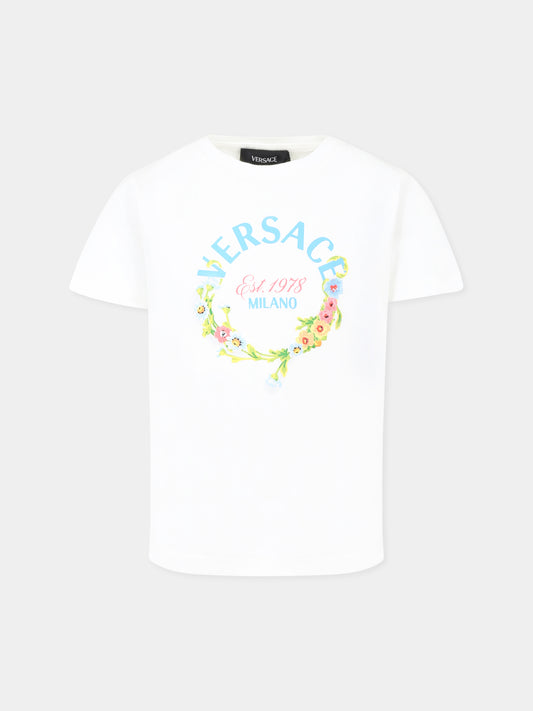 T-shirt bianca per bambina con logo Versace e motivo floreale,Versace,1018181 1A13080 2W070