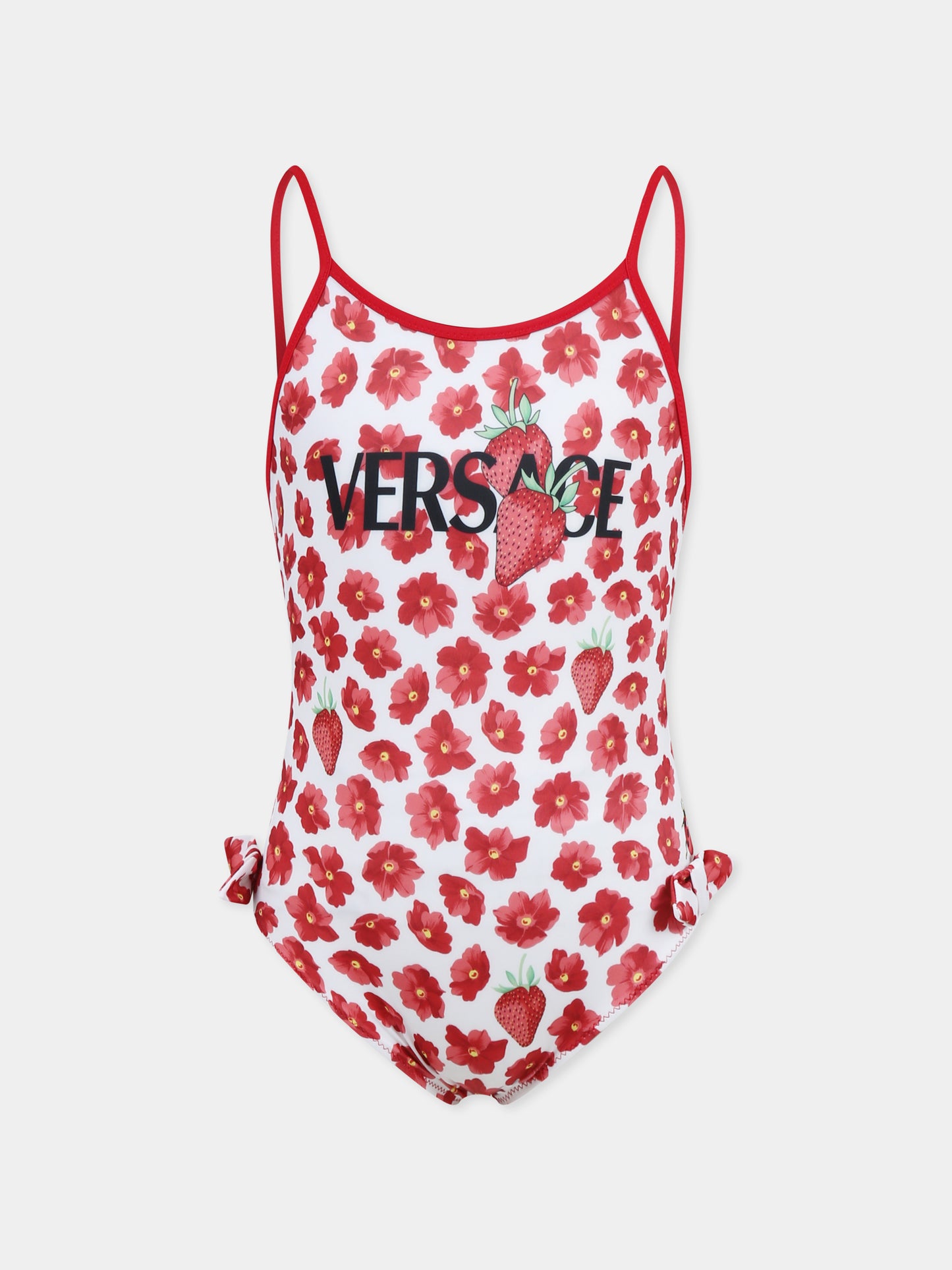 Costume rosso per bambina con logo e fragole,Versace,1018705 1A13286 5W690