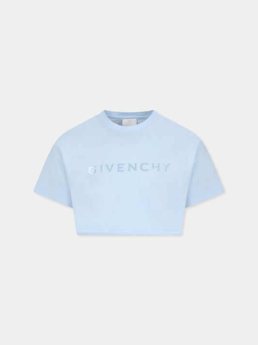 T-shirt crop celeste per bambina con logo,Givenchy Kids,H30798 772