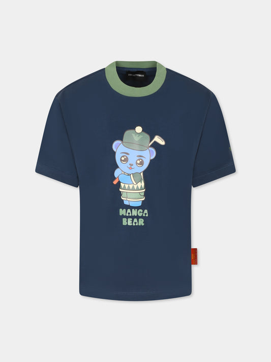 T-shirt blu per bambino con Manga Bear,Emporio Armani,EB000395 AF14768 UB150
