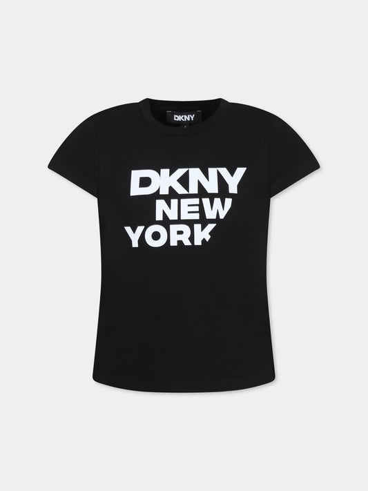 T-shirt nera per bambina con logo e scritta,Dkny,D62304 09B