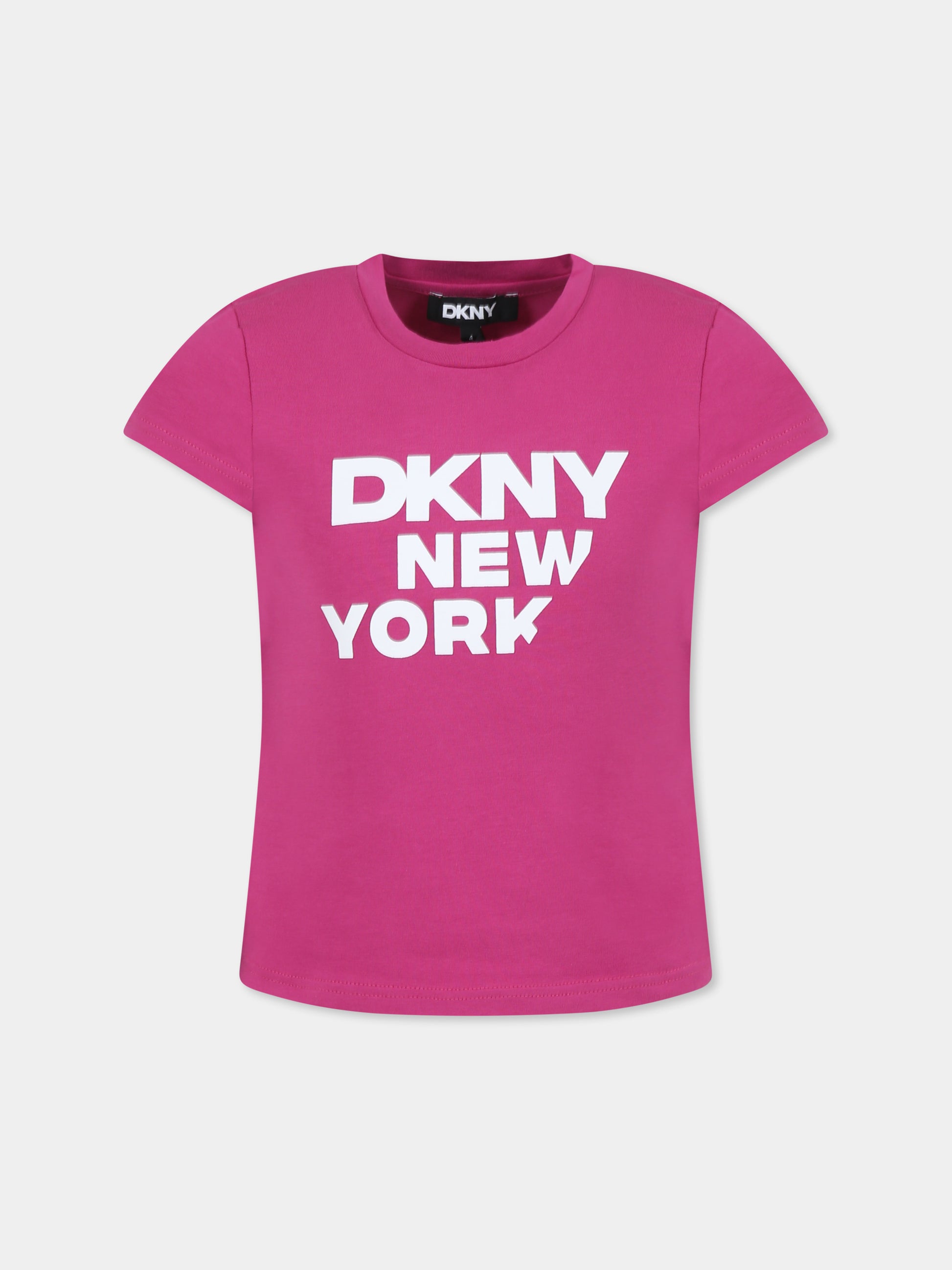 T-shirt fucsia per bambina con logo e scritta,Dkny,D62304 469