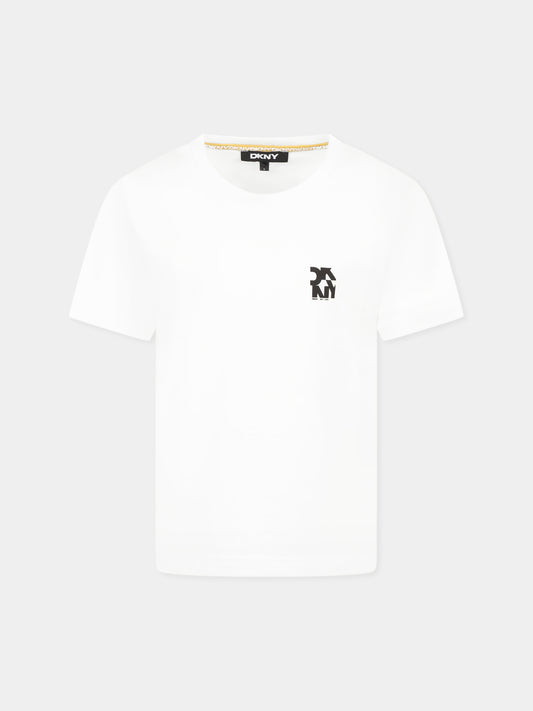 T-shirt bianca per bambina con logo nero,Dkny,D62297 10P