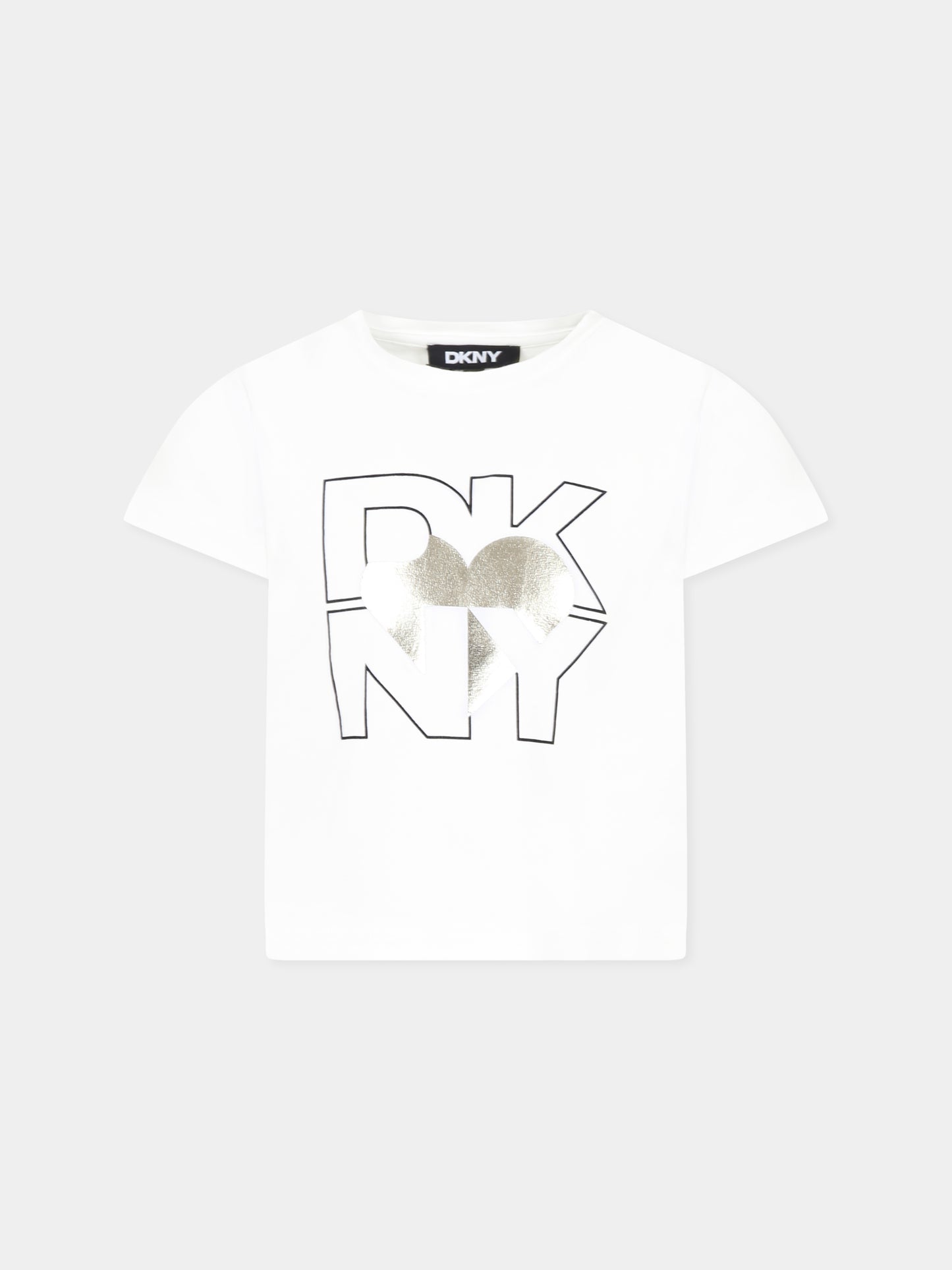 T-shirt bianca per bambina con logo e cuore,Dkny,D62305 560