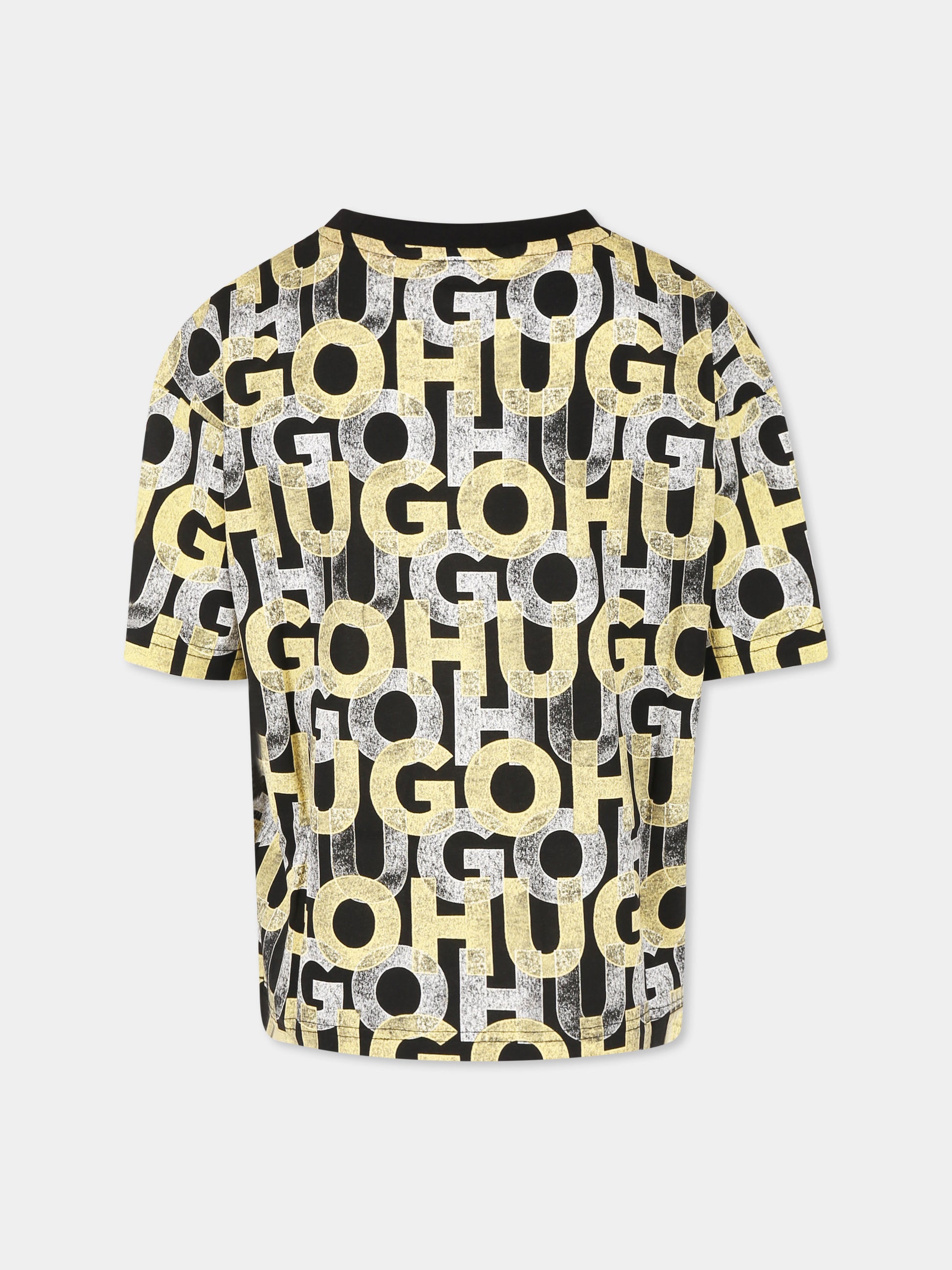 T-shirt nera per bambino con logo all over,Hugo,G00336 M55