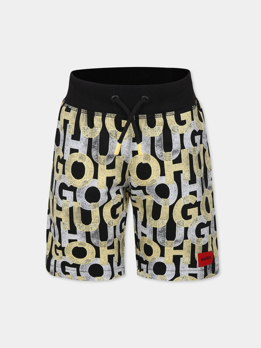 Shorts neri per bambino con logo all over,Hugo,G00368 M55