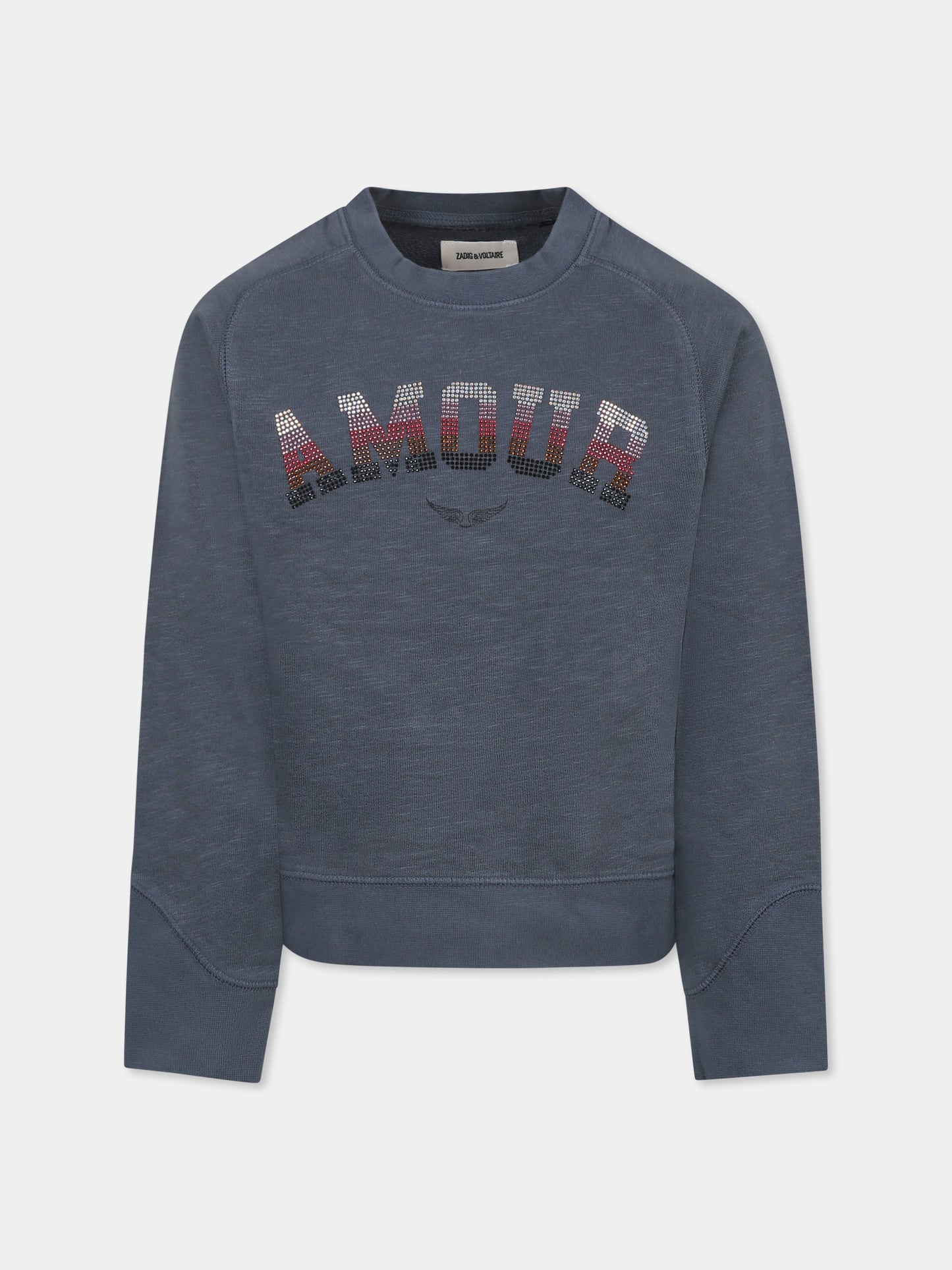 Felpa grigia per bambina con scritta e strass,Zadig & Voltaire Kids,X60323 033