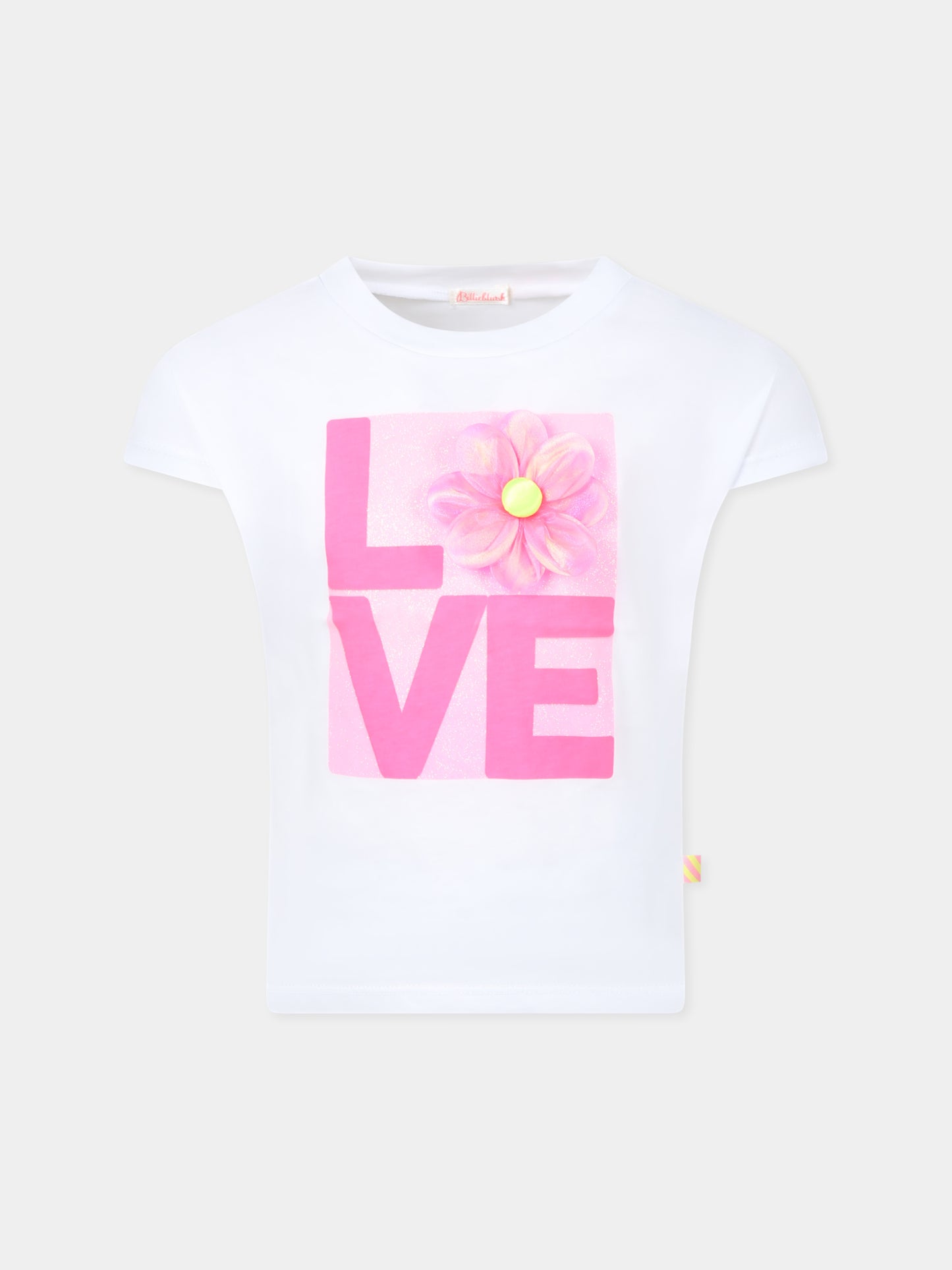 T-shirt bianca per bambina con scritta e fiore,Billieblush,U21124 10P