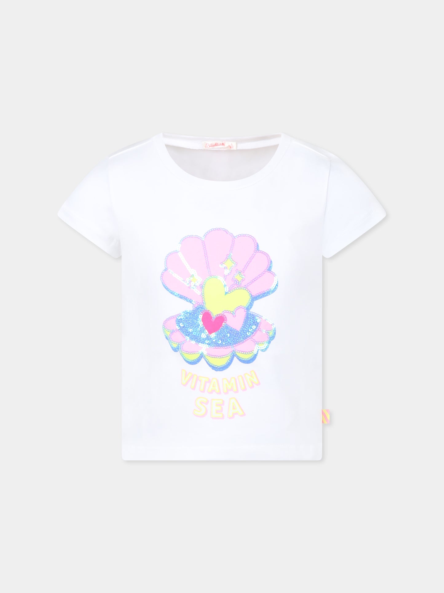 T-shirt bianca per bambina con conchiglia,Billieblush,U20923 10P