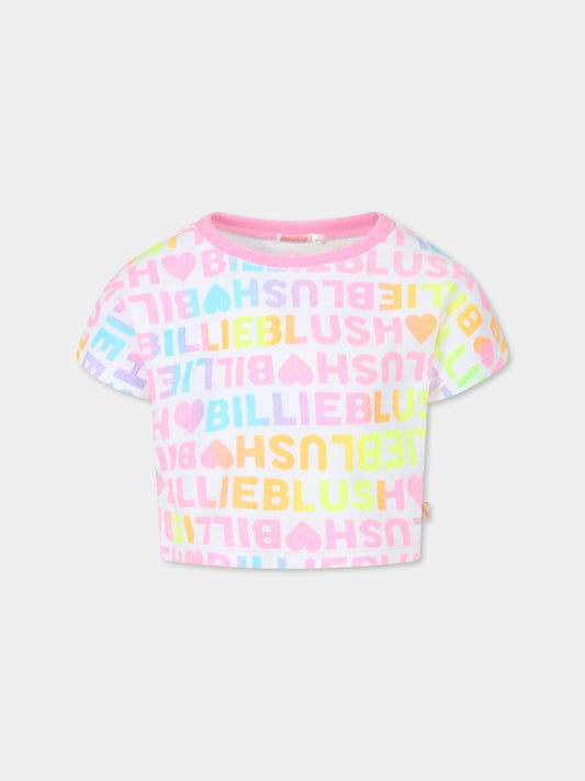 T-shirt crop bianca per bambina con logo all over,Billieblush,U20953 10P