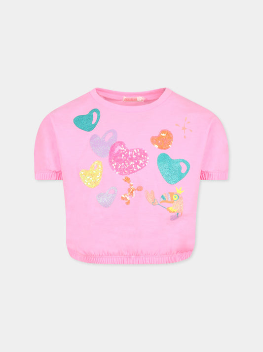 T-shirt crop rosa per bambina con cuori,Billieblush,U20937 462