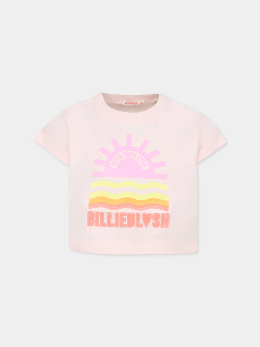 T-shirt court rose pour fille avec soleil