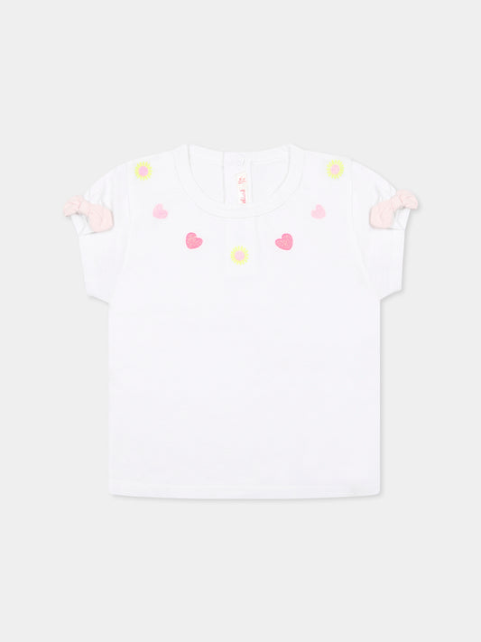 T-shirt bianca per neonata con cuori e fiori,Billieblush,U21105 10P